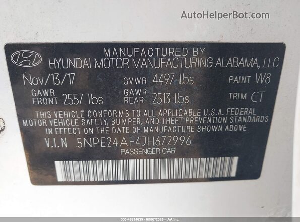 5NPE24AF4JH672996 2018 HYUNDAI SONATA White ძრავის განყოფილების ხედი