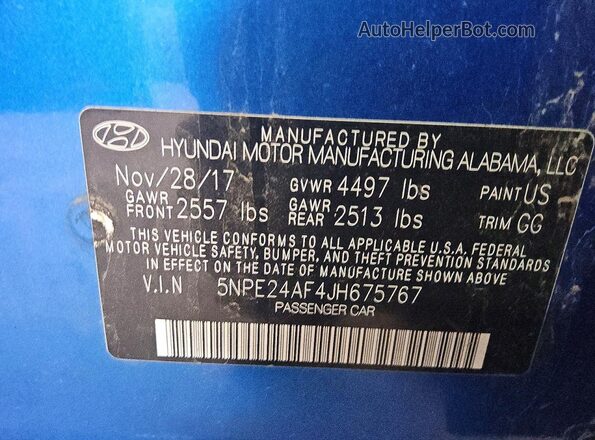 5NPE24AF4JH675767 2018 HYUNDAI SONATA Синий Вид подкапотного пространства