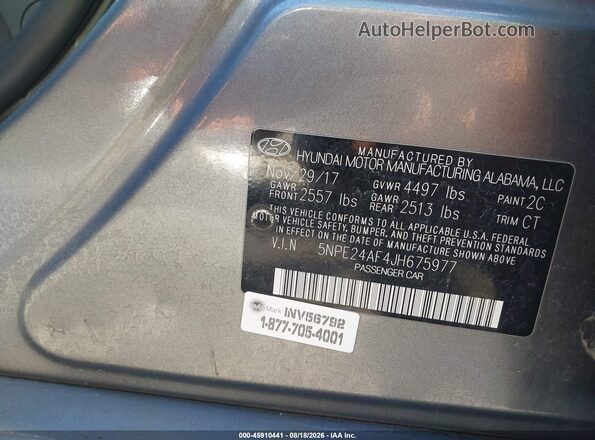 5NPE24AF4JH675977 2018 HYUNDAI SONATA Gray Vista del compartimento del motor