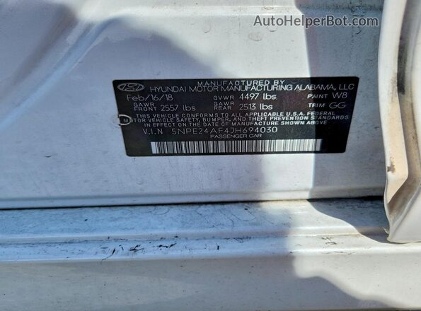 5NPE24AF4JH694030 2018 HYUNDAI SONATA White ძრავის განყოფილების ხედი