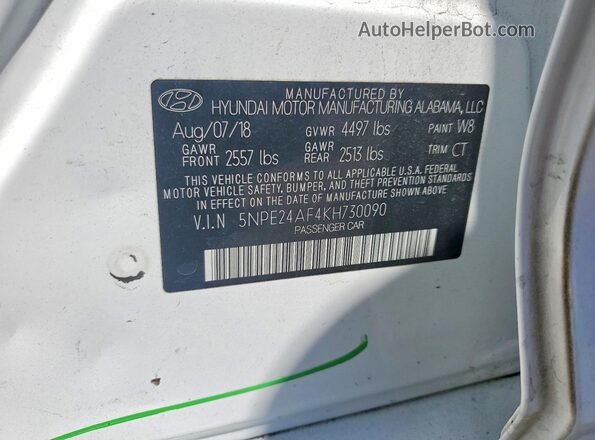 5NPE24AF4KH730090 2019 HYUNDAI SONATA Белый Вид подкапотного пространства