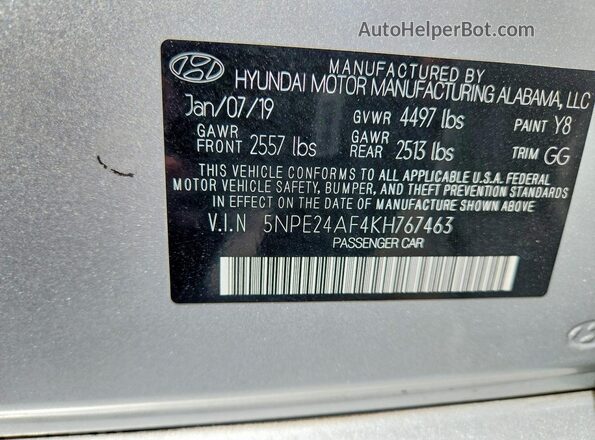 5NPE24AF4KH767463 2019 HYUNDAI SONATA Silver Вид наклейки з VIN-кодом