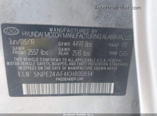 5NPE24AF4KH800834 2019 HYUNDAI SONATA Silver ძრავის განყოფილების ხედი