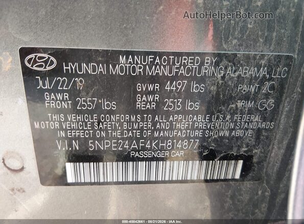 5NPE24AF4KH814877 2019 HYUNDAI SONATA Gray Widok komory silnika