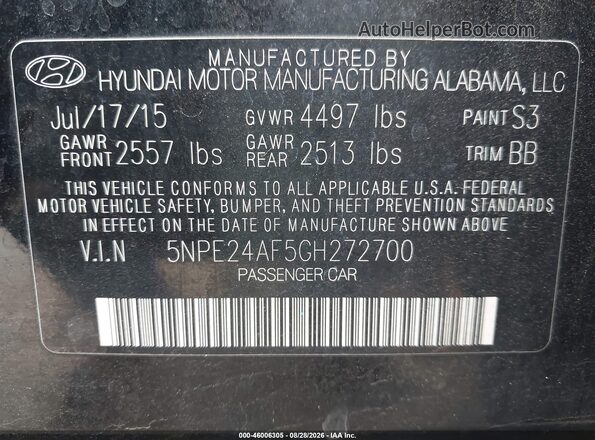 5NPE24AF5GH272700 2016 HYUNDAI SONATA Black Շարժիչի բաժամունքի տեսք