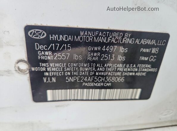 5NPE24AF5GH368066 2016 HYUNDAI SONATA White Вид підкапотного простору