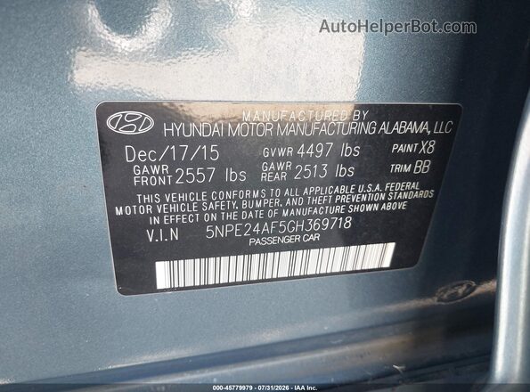 5NPE24AF5GH369718 2016 HYUNDAI SONATA Blue Շարժիչի բաժամունքի տեսք