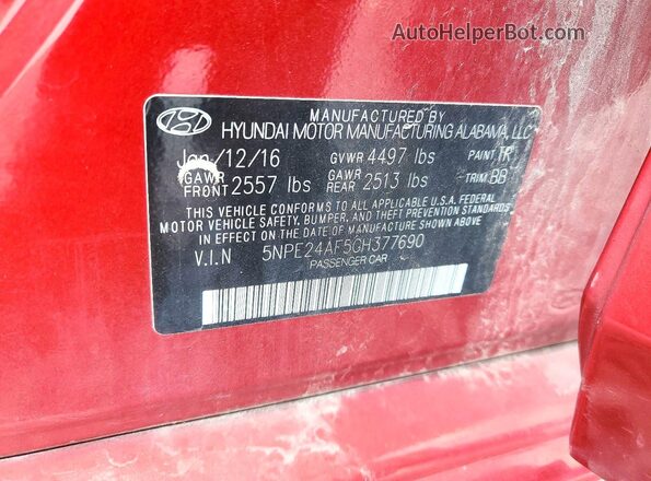 5NPE24AF5GH377690 2016 HYUNDAI SONATA Red Вид підкапотного простору