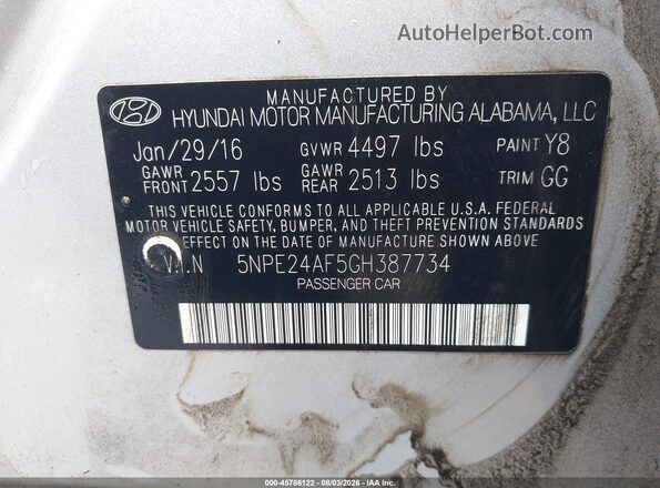 5NPE24AF5GH387734 2016 HYUNDAI SONATA Silver Widok komory silnika