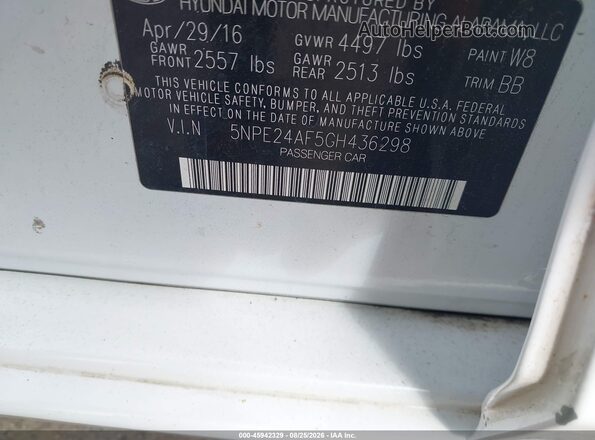 5NPE24AF5GH436298 2016 HYUNDAI SONATA White Widok komory silnika