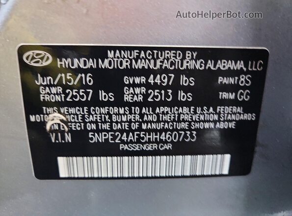 5NPE24AF5HH460733 2017 HYUNDAI SONATA Silver VIN sticker view