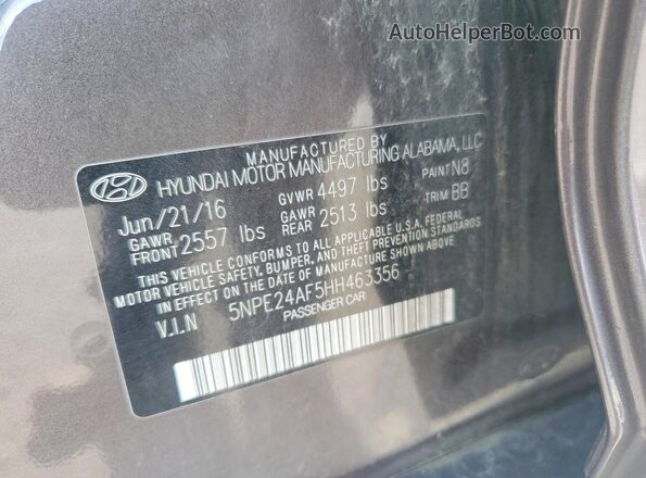 5NPE24AF5HH463356 2017 HYUNDAI SONATA Gray Widok komory silnika