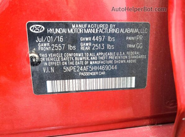 5NPE24AF5HH469044 2017 HYUNDAI SONATA Red Շարժիչի բաժամունքի տեսք