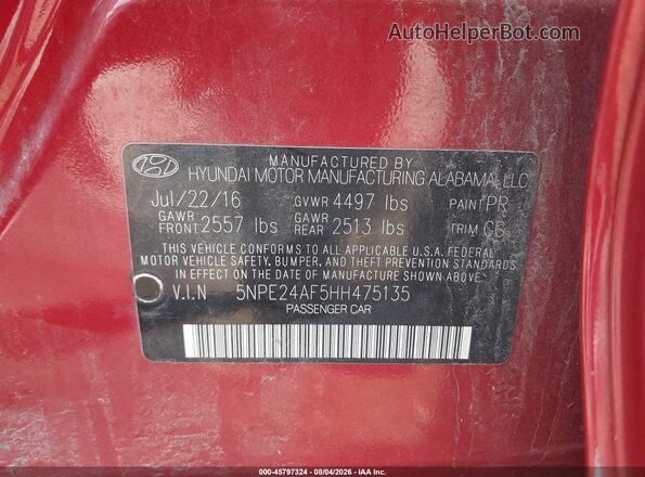 5NPE24AF5HH475135 2017 HYUNDAI SONATA Red ძრავის განყოფილების ხედი