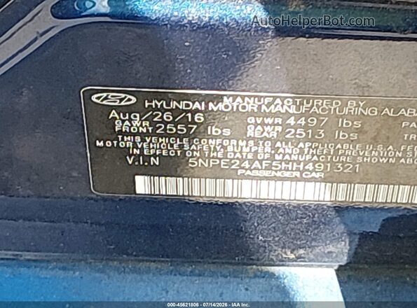 5NPE24AF5HH491321 2017 HYUNDAI SONATA Blue Widok komory silnika