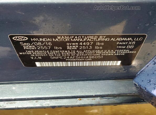 5NPE24AF5HH496051 2017 HYUNDAI SONATA Blue Vista de la etiqueta del VIN