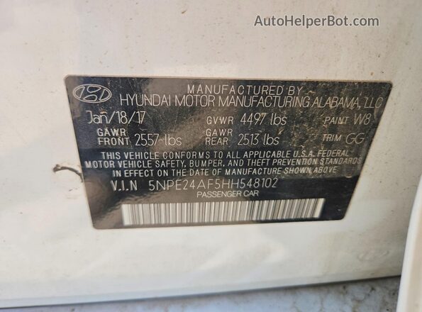 5NPE24AF5HH548102 2017 HYUNDAI SONATA White Vista del compartimento del motor