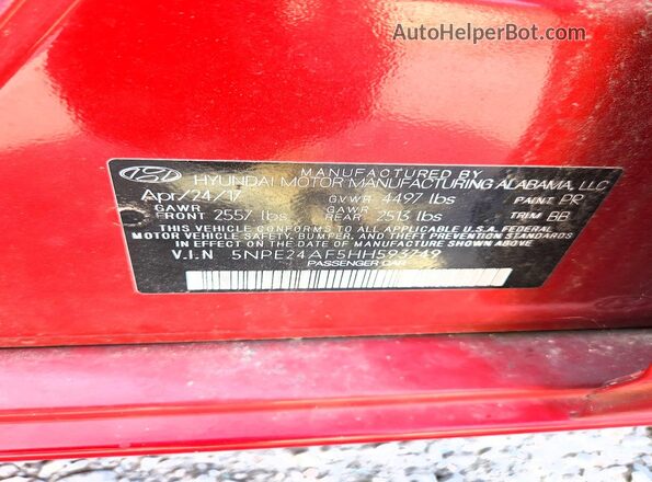 5NPE24AF5HH593749 2017 HYUNDAI SONATA Red Engine compartment view
