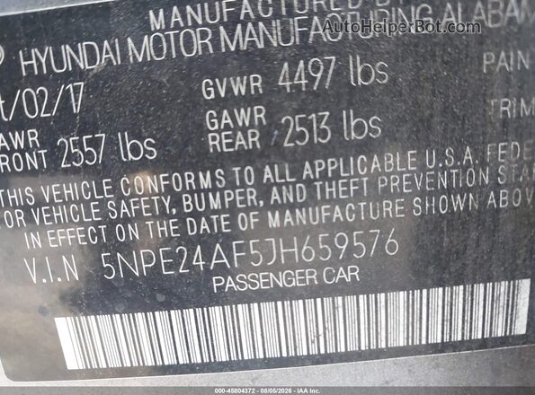 5NPE24AF5JH659576 2018 HYUNDAI SONATA Gray Вид підкапотного простору
