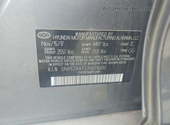 5NPE24AF5JH674000 2018 HYUNDAI SONATA Gray Widok komory silnika
