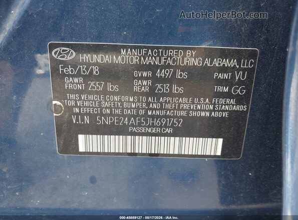5NPE24AF5JH691752 2018 HYUNDAI SONATA Blue Engine compartment view