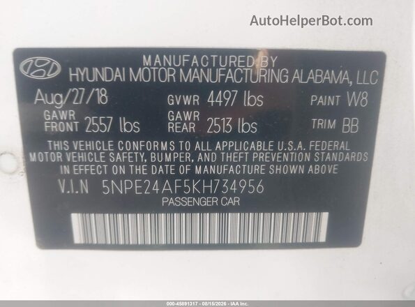 5NPE24AF5KH734956 2019 HYUNDAI SONATA White Вид підкапотного простору