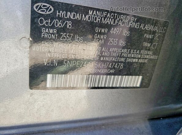 5NPE24AF5KH747478 2019 HYUNDAI SONATA Charcoal ძრავის განყოფილების ხედი
