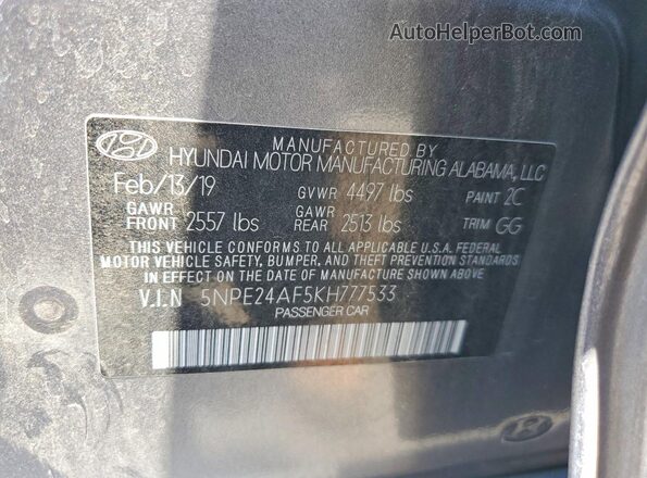 5NPE24AF5KH777533 2019 HYUNDAI SONATA Gray Вид підкапотного простору