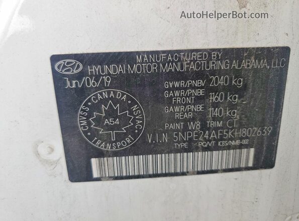 5NPE24AF5KH802639 2019 HYUNDAI SONATA White Engine compartment view