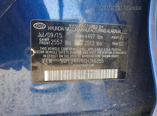 5NPE24AF6GH266355 2016 HYUNDAI SONATA Blue Շարժիչի բաժամունքի տեսք