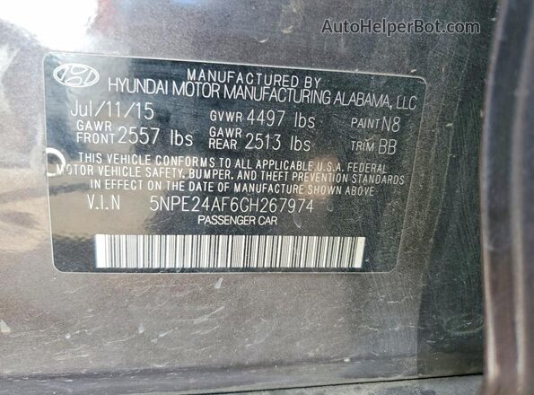 5NPE24AF6GH267974 2016 HYUNDAI SONATA Gray Widok naklejki z numerem VIN