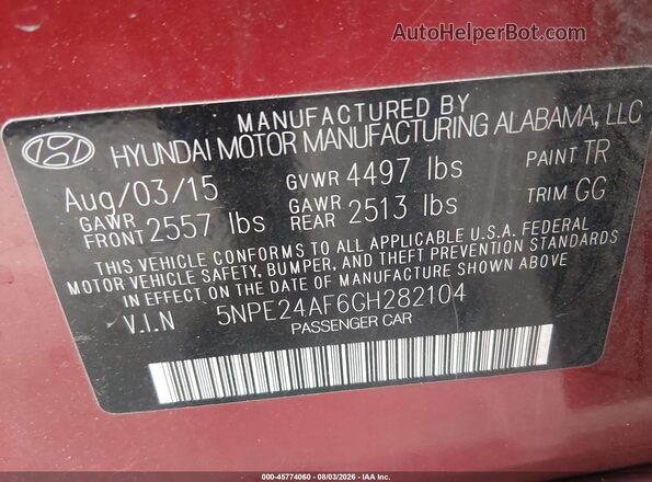 5NPE24AF6GH282104 2016 HYUNDAI SONATA Red Widok komory silnika