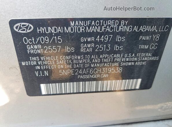 5NPE24AF6GH319538 2016 HYUNDAI SONATA Silver ძრავის განყოფილების ხედი