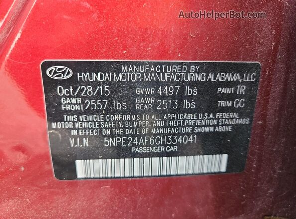 5NPE24AF6GH334041 2016 HYUNDAI SONATA Burgundy Շարժիչի բաժամունքի տեսք