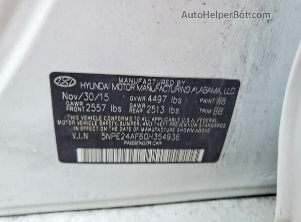 5NPE24AF6GH354936 2016 HYUNDAI SONATA White Engine compartment view