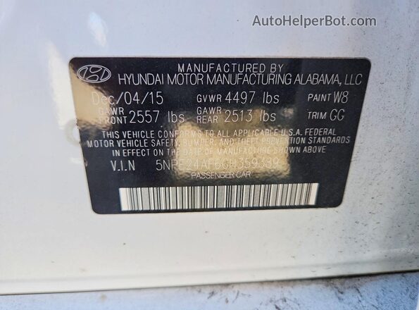 5NPE24AF6GH359389 2016 HYUNDAI SONATA White VIN կոդի պիտակի տեսք