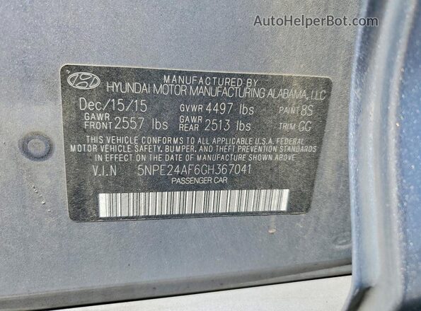 5NPE24AF6GH367041 2016 HYUNDAI SONATA Silver Вид підкапотного простору
