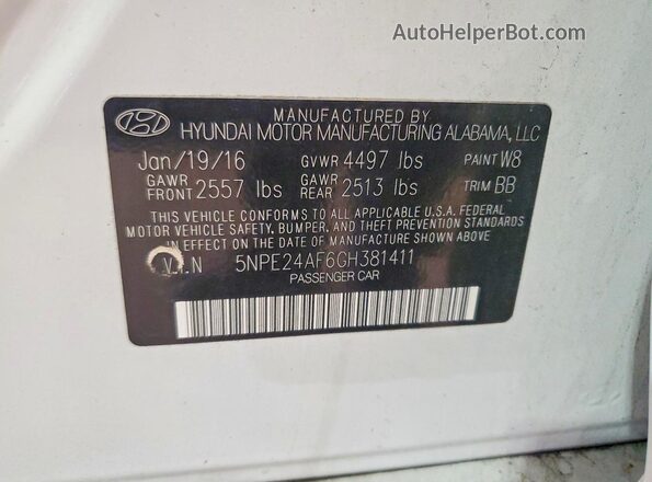 5NPE24AF6GH381411 2016 HYUNDAI SONATA White Engine compartment view