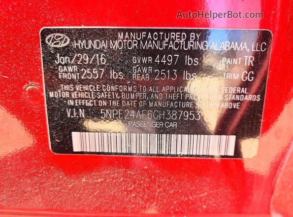 5NPE24AF6GH387953 2016 HYUNDAI SONATA Red Widok naklejki z numerem VIN