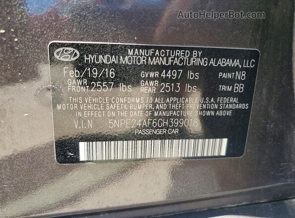 5NPE24AF6GH399018 2016 HYUNDAI SONATA Gray ძრავის განყოფილების ხედი