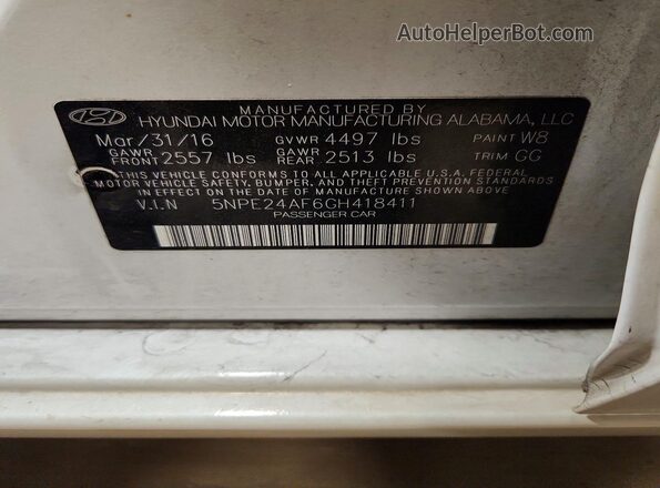 5NPE24AF6GH418411 2016 HYUNDAI SONATA White Vista de la etiqueta del VIN