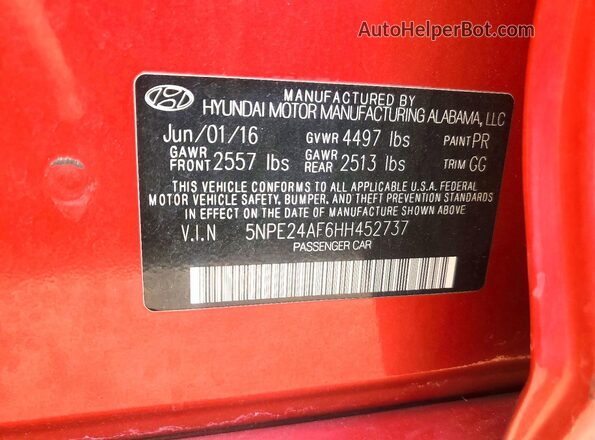 5NPE24AF6HH452737 2017 HYUNDAI SONATA Red Engine compartment view