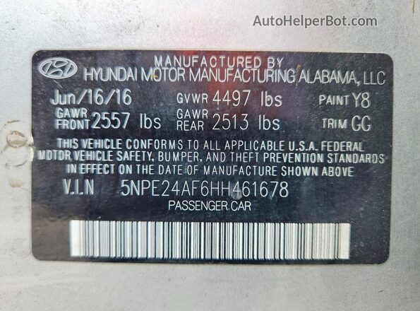 5NPE24AF6HH461678 2017 HYUNDAI SONATA Silver Vista del compartimento del motor
