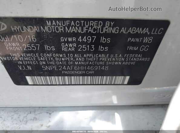 5NPE24AF6HH469148 2017 HYUNDAI SONATA Белый Вид подкапотного пространства