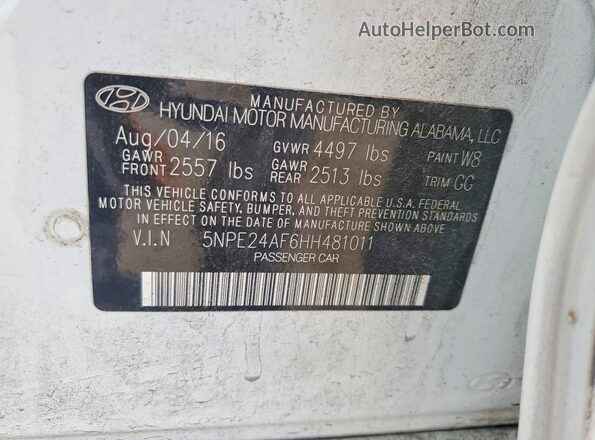 5NPE24AF6HH481011 2017 HYUNDAI SONATA White Widok komory silnika