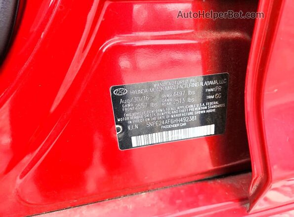 5NPE24AF6HH492381 2017 HYUNDAI SONATA Red Շարժիչի բաժամունքի տեսք