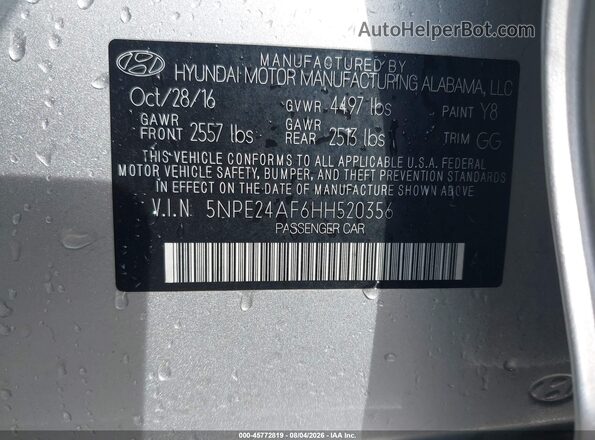 5NPE24AF6HH520356 2017 HYUNDAI SONATA Silver ძრავის განყოფილების ხედი