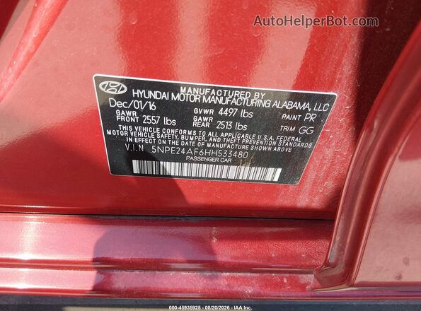 5NPE24AF6HH533480 2017 HYUNDAI SONATA Red Շարժիչի բաժամունքի տեսք