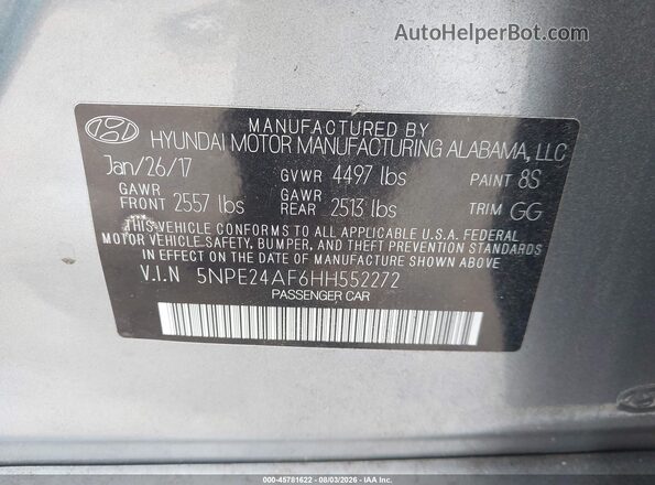 5NPE24AF6HH552272 2017 HYUNDAI SONATA Silver Շարժիչի բաժամունքի տեսք