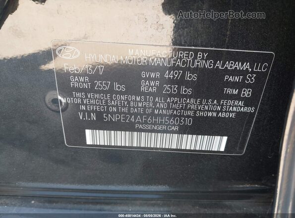 5NPE24AF6HH560310 2017 HYUNDAI SONATA Black Widok komory silnika